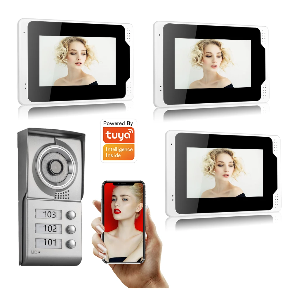 SYSD 7 inch Color Video Door Phone 3 Monitors Tuya Smart with 1 Intercom Doorbell Can Control 3 Houses for Multi Apartment/Home