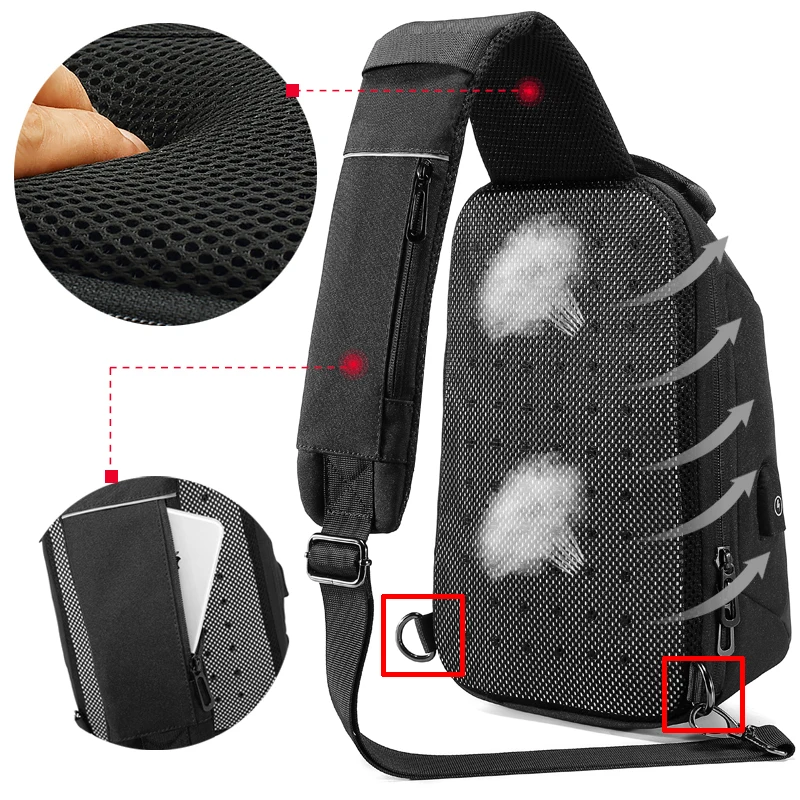 XIEN Men Shoulder Chest Bag Crossbody Handbags Multifunction Waterproof Casual Bag USB Charging Port Short Travel Pack for Male