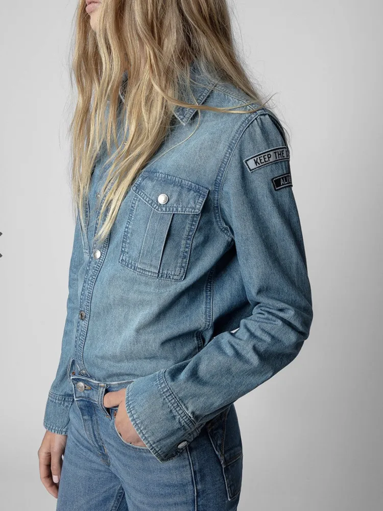 High Quality Turn-down Collar Women Denim Shirt with Pockets 2022 Autumn Letter Patch All-match Single Breasted Female Blouse