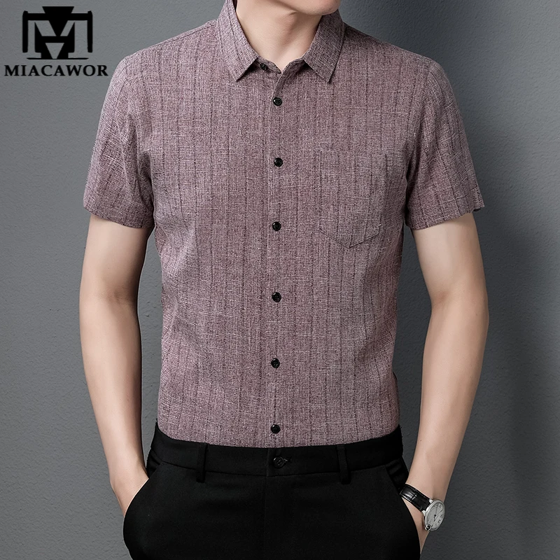 

Рубашка Мужская льняная в полоску, дышащая сорочка с коротким рукавом, приталенный силуэт, повседневная одежда, C855, лето 2023