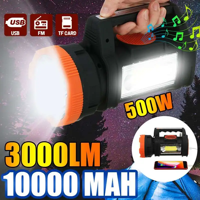 

3000lm 500W Powerful LED Flashlight 1000m 10000MAh Rechargeable Work Light Emergency Outdoor Camping Light FM bluetooth Playback