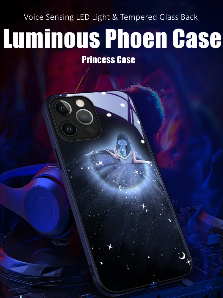 

Voice Sensing Colorful LED Light Glowing Luminous Tempered Glass Princess Phone Case for Girls Gift Huawei P40 P50 P60 Series