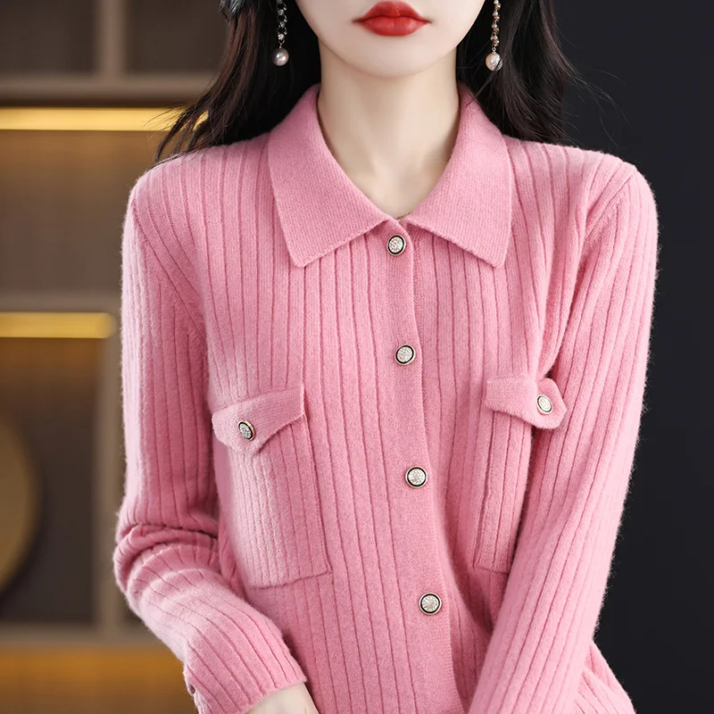 

100% pure wool cardigan sweater 2023 new cashmere knitted lapel full sleeve women's cardigan sweater exquisite versatile coat