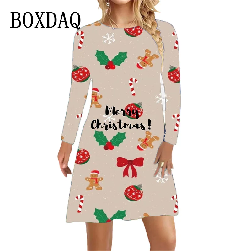 Рождественская елка Платье с принтом Женская новогодняя вечеринка Мини платье