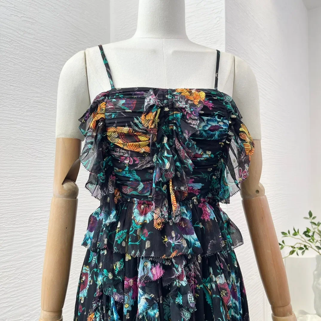 Женское винтажное платье макси черное с цветочным принтом оборками без бретелек