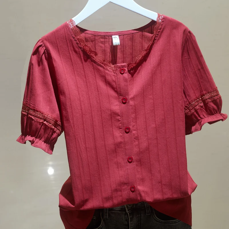 

Модная женская рубашка 2022, однотонные топы на шнуровке для женщин, топ с коротким рукавом, красная одежда с V-образным вырезом на пуговицах, Ж...