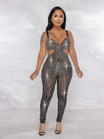 rhinestone mesh sexy spaghetti strap jumpsuit women sexy waist cut out see through 2022 summer evening nightclub party outfits
