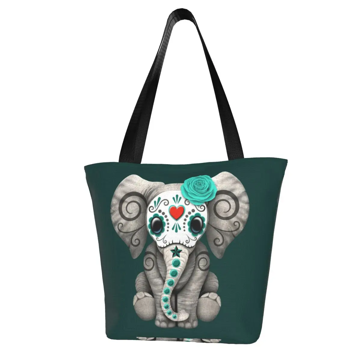 

Sugar Skull Baby Elephant A-Line Dress Shopping Bag Teal Blue Day of the Dead School Female Handbag Bulk Stylish Polyester Bags