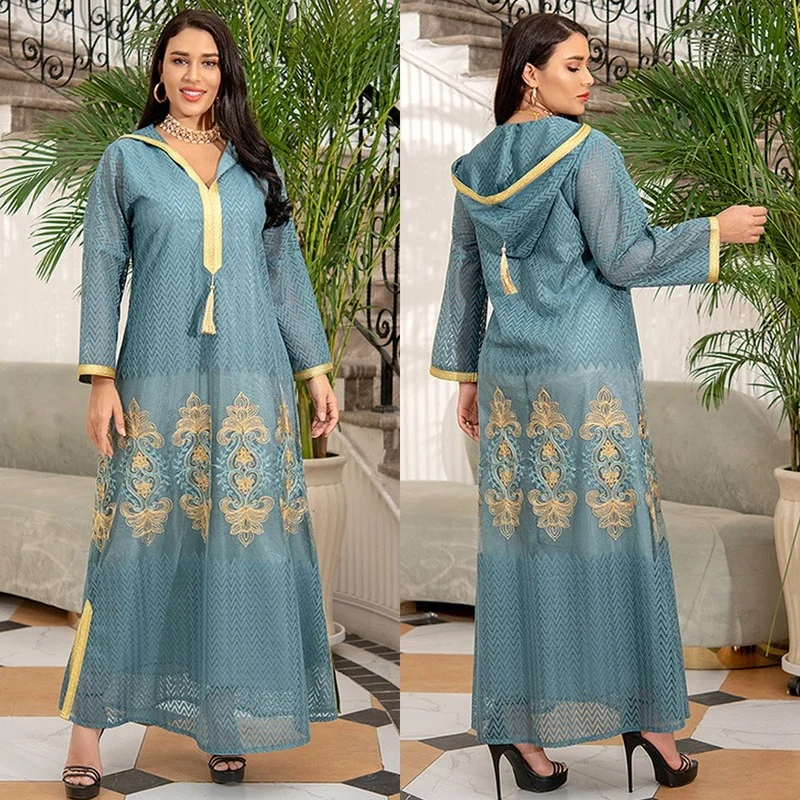 

Abaya Dubai Turkey Muslim Hooded Dress Embroidery Mesh Luxury Evening Gowns Turkish Kaftan Plus Size Boubou Islamic Clothing