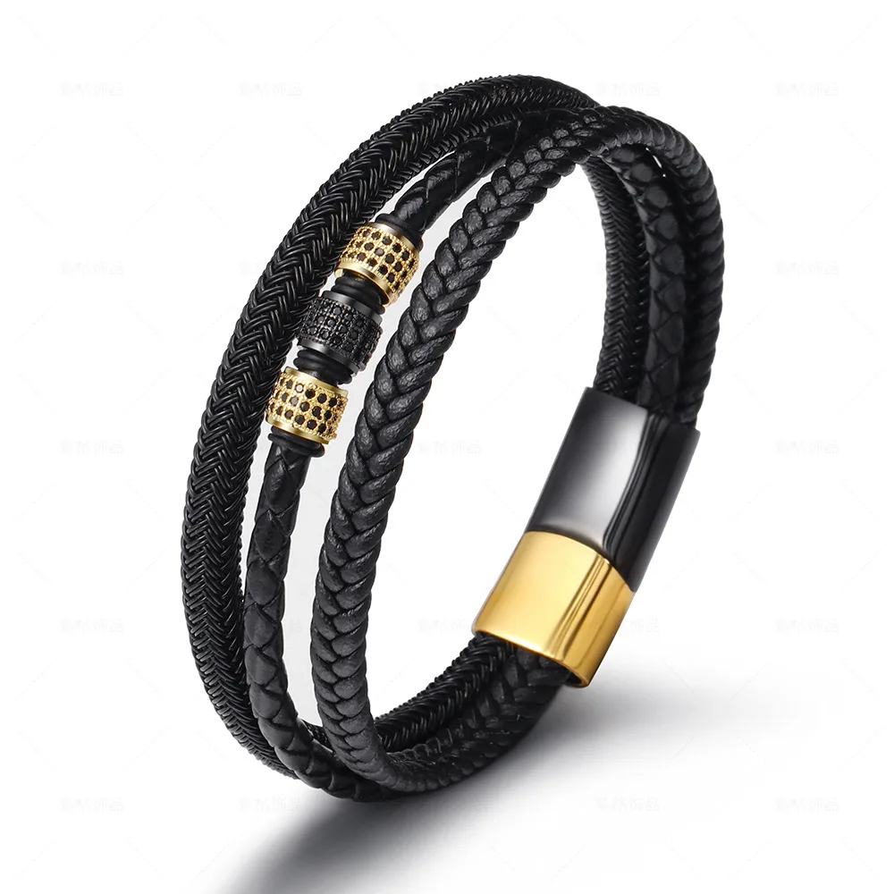 

Men's Titanium Steel Bracelet Micro Paved Zircon Multilayer Braided Stainless Steel Magnetic Buckle Bracelet