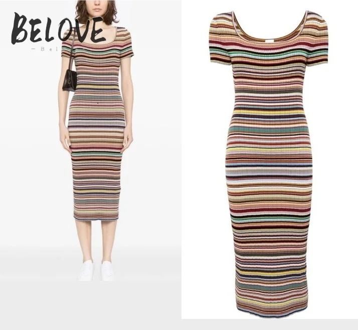 Женское трикотажное платье в красочную полоску с круглым вырезом и коротким