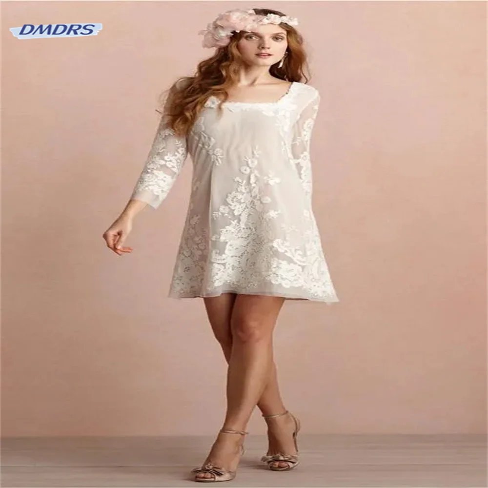 

Sexy Square Neck Above Knee Wedding Dress Simple Long Sleeve A-line Lace Bridal Gown Beach Vestidos De Novia