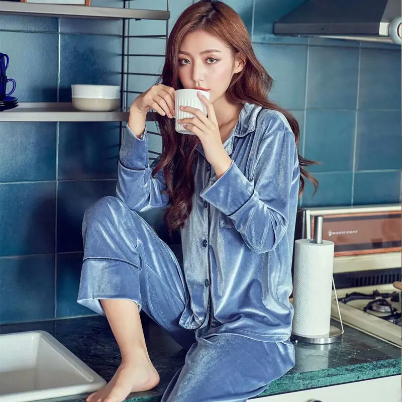 2pcs/Lot Autumn Winter Women Pajamas Sets Satin Velvet Sexy Warm Homewear Pijama Pyjamas Suit For Women