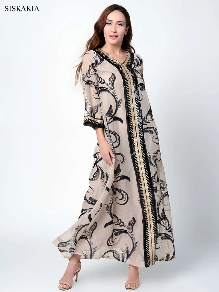 

Siskakia Moroccan Jalabiya Dubai 2022 Elegant Women's Dresses for Party Mesh Sequins Embroidered Arab Muslim Kaftan Gulf Abayas