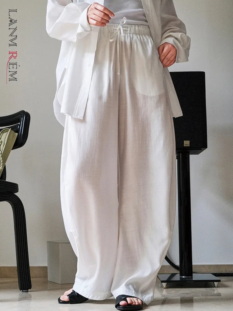 

LANMREM Thin Wide Leg Pants For Women Drawstring Elastic Waist Solid Color Female Loose Casual Trousers 2022 Summer New 2R2487