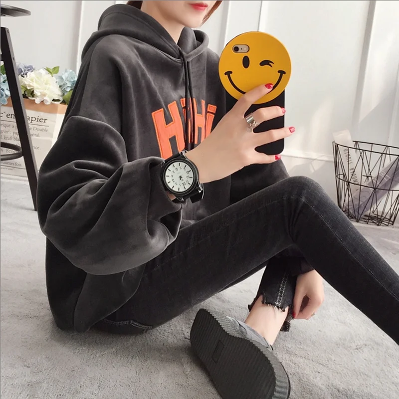 

Autumn Spring Women Plus Velvet Drop-Shoulder Hooded Sweatshirts Loose Casual Letter Prints Female Fashion Hoodies ZX626