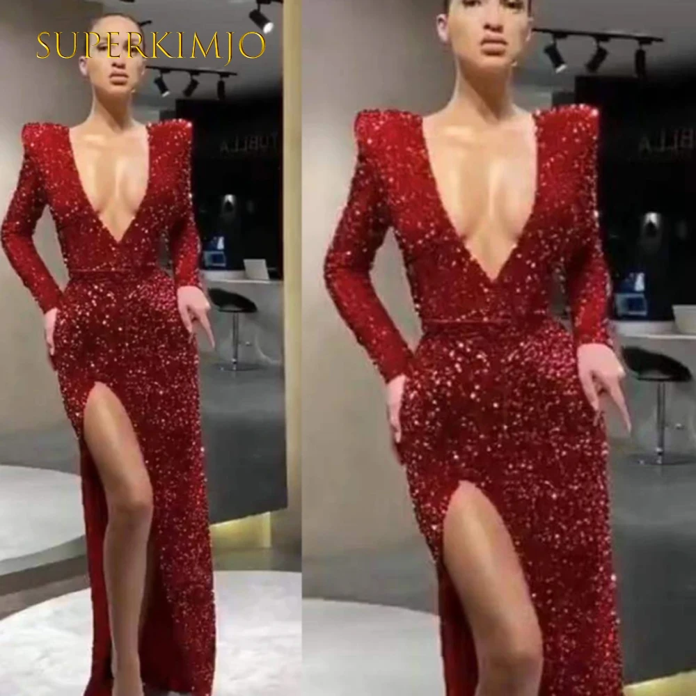 

SuperKimJo Abendkleider Burgundy Sparkly Evening Dresses Elegant Long Sleeve Mermaid Glitter Evening Gown Formal Dress Vestidos