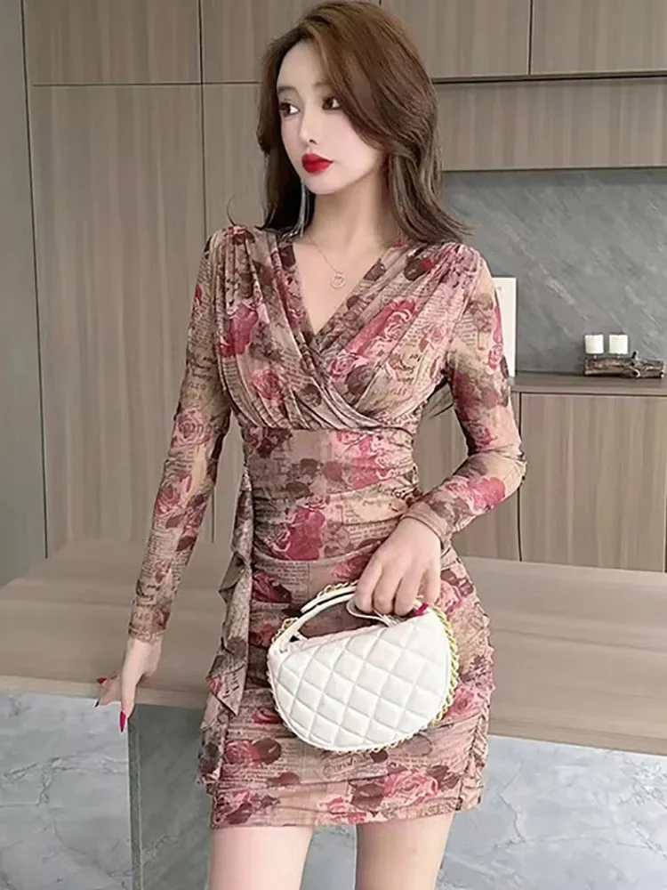 Женское розовое Сетчатое платье с длинным рукавом и V-образным вырезом