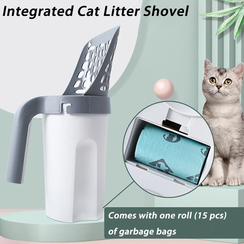 Portable Cat Litter Shovel Self Cleaning Cats Litter Scooper with Waste Bags One-Piece Cat Litter Box Cleaning Tool Pet Supplies