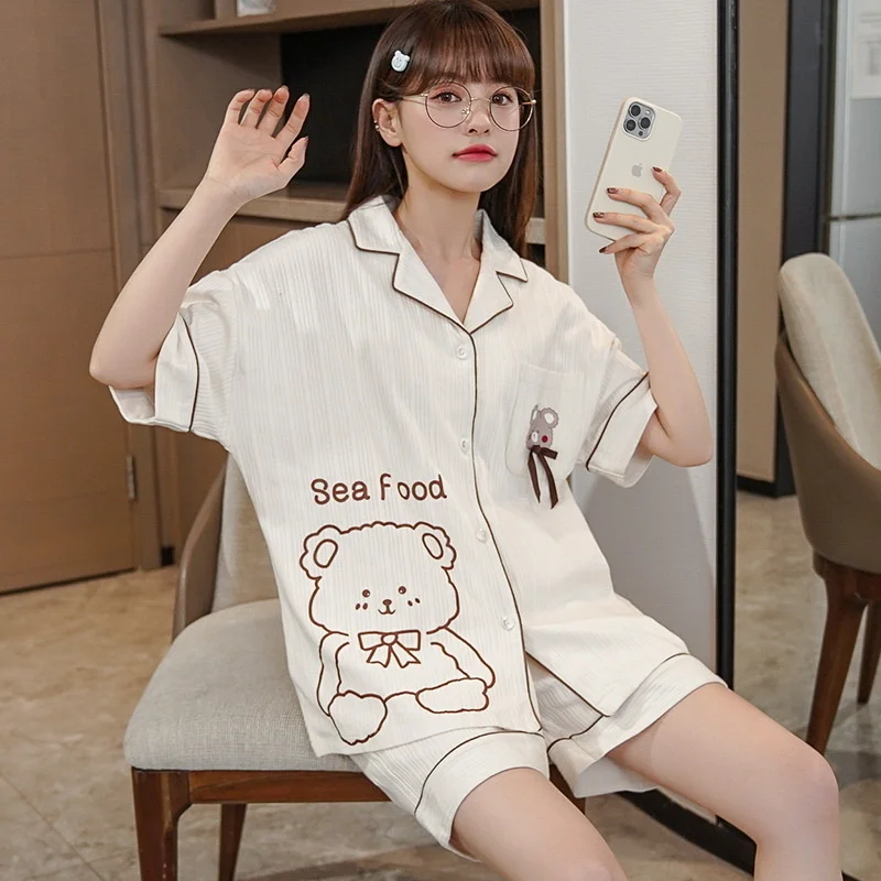 2022 Summer New Style Pajamas Women's Cardigan Lapel Cotton Thin Korean Sweet And Lovely Home Clothes Can Be Worn Out