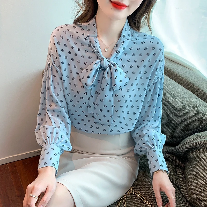 

Женская шифоновая блузка в горошек, с длинным рукавом