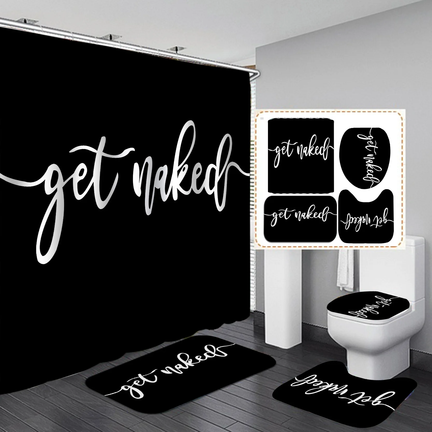 

Get Naked Bathroom Shower Curtain with Mat Sets Letter Print 4 Piece Set Non-slip Rug Toilet Cover Bath Mat Pad