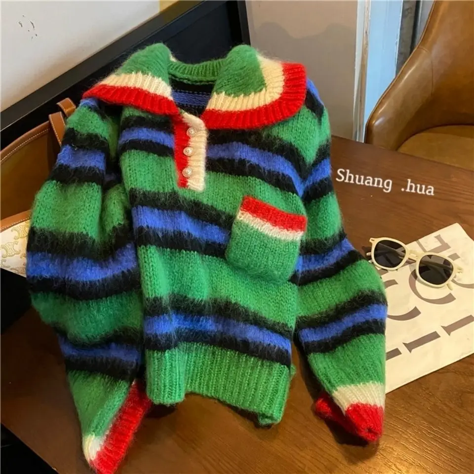 

2022 Woman Sweaters Autumn Winter Women Knitted Polo Collar Patchwork Sweater Pullover Tops Long Sleeve Casual Female Jumper S17