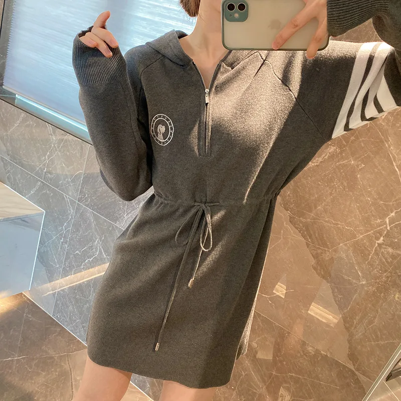 

High Quality Korean Style Tb Tom Four-bar Sweater Dress Early Spring New College Wind Strap Waist Long Sleeve Hooded Puppy Dress