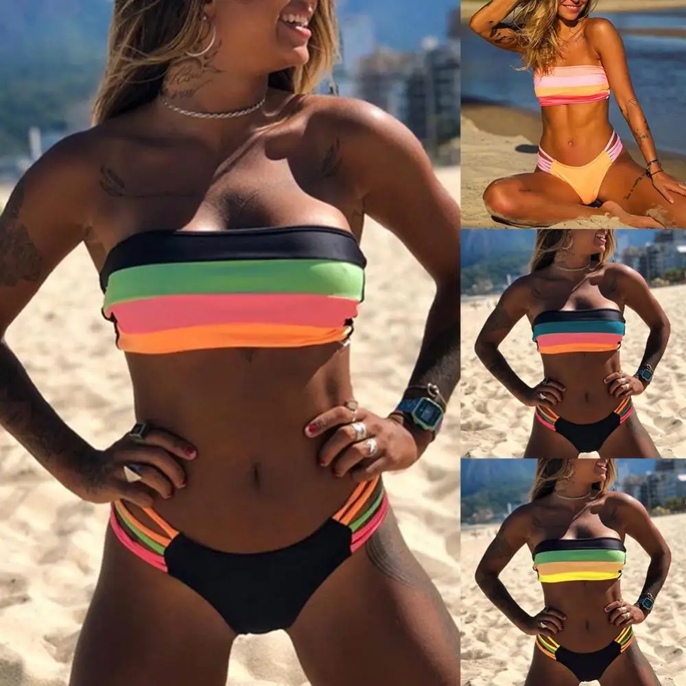 

Padded Women Wireless Swimsuit Set Bikini Swimsuit Bikini Set Strapless Tube Top Stripes Patchwork Set
