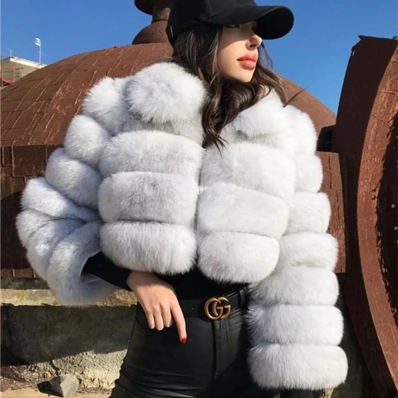 Winter Women Jacket Natural Fox Fur White Outertwear Long Sleeve Cozy High Street Tops Genuine Real Real Fur Coat Female enlarge