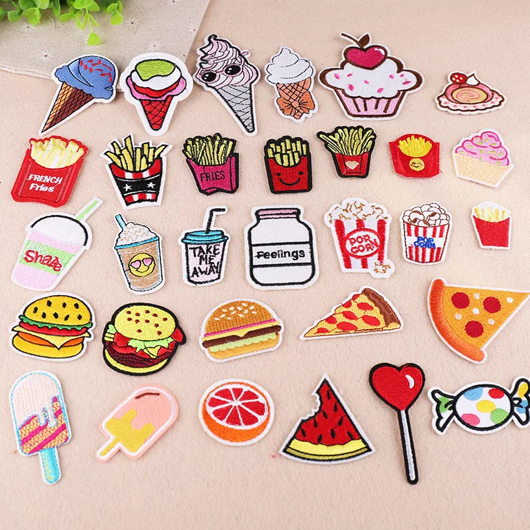 Yummy Embroidery Patches Iron on Funny Fastfood Appliques Candies Chips Hamburgers Icecream Stickers for Kids Clothes DIY Decor