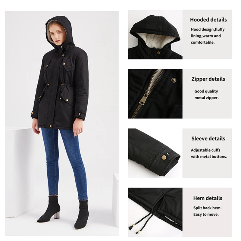 Winter Hooded Jacket Women Large Coat Thick Parkas Warm Sash Tie Up Zipper Down Snow Outerwear