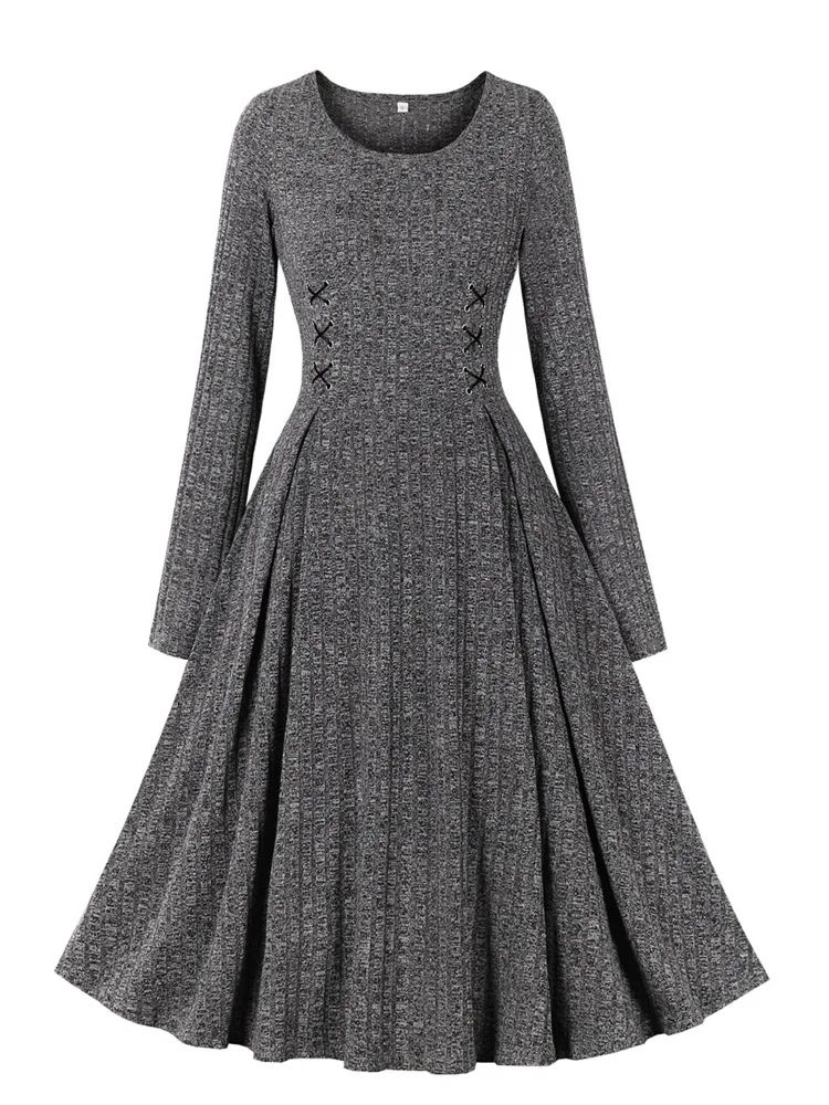 

Винтажное трикотажное платье Harajuku с круглым вырезом и длинным рукавом элегантное платье на шнуровке в стиле ретро с высокой талией 2023 осенне-зимние платья-свитеры