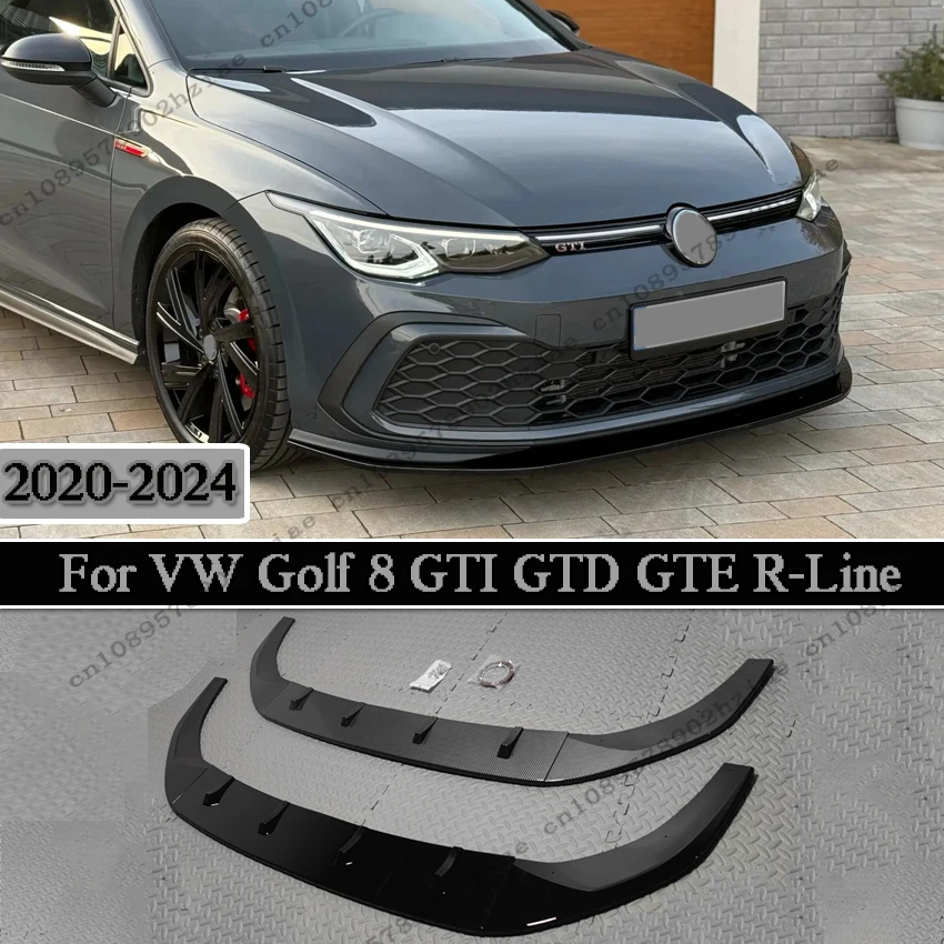 Фото Спойлер переднего бампера в стиле Maxton для VW Golf 8 GTI GTD GTE R-Line 2020-2024, глянцевый черный внешний вид, улучшенные аксессуары для тюнинга №1