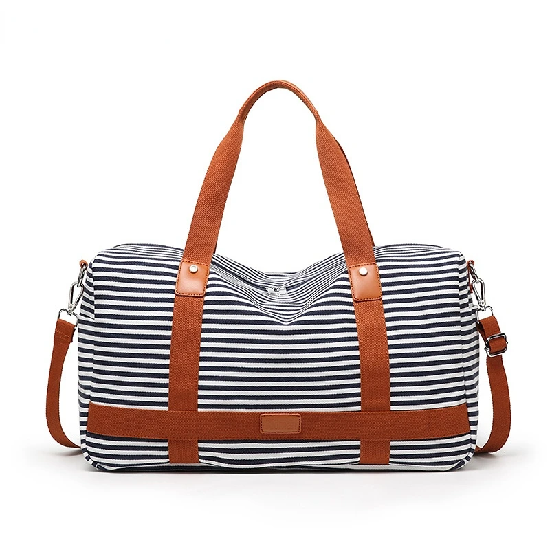 New women travel bag handbag Portable Luggage Duffle Bag Striped Canvas Female Shoulder Bag beach bag Weekend Tote