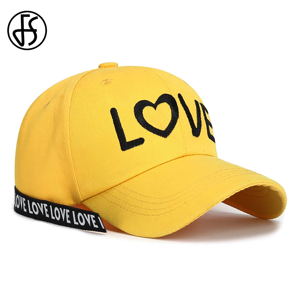 

FS Summer Trendy LOVE Embroidery Couple Hat Yellow Pink Long Ribbon Baseball Cap Women Men Snapback Hip Hop Trucker Hats 2023