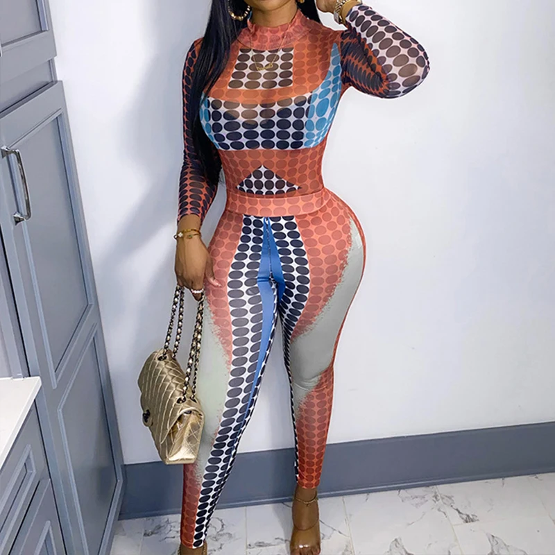 

BKLD New Stylish Female Autumn Long Sleeve Slim Polka Dot Print O-neck Bodysuit + Hip Lift Full Pants Suits Casual Sexy Clubwear