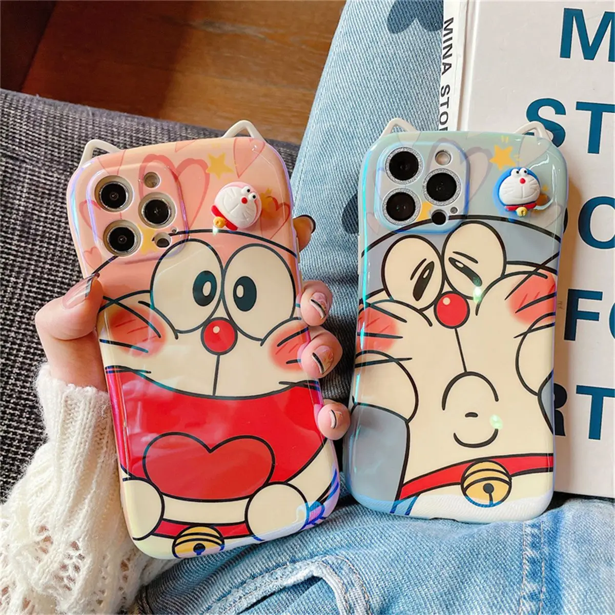 

Cute pink Doraemon Douraeman Rotating 3D Doll Cat ear Phone Cases For iPhone 13 12 11 Pro Max 7 8 plus XR XS MAX Back Cover