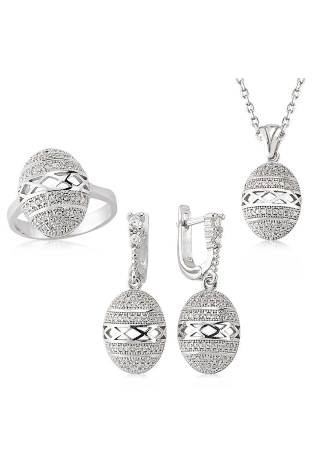 

Silver Zircon Stone Oval Set earrings necklace ring
