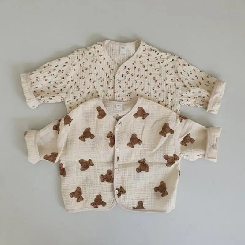 Spring New Baby Girl Summer Cotton Linen Cardigan Cute Bear Print Boys Jacket Fashion Cherry Print Girls Thin Coat Toddler Tops