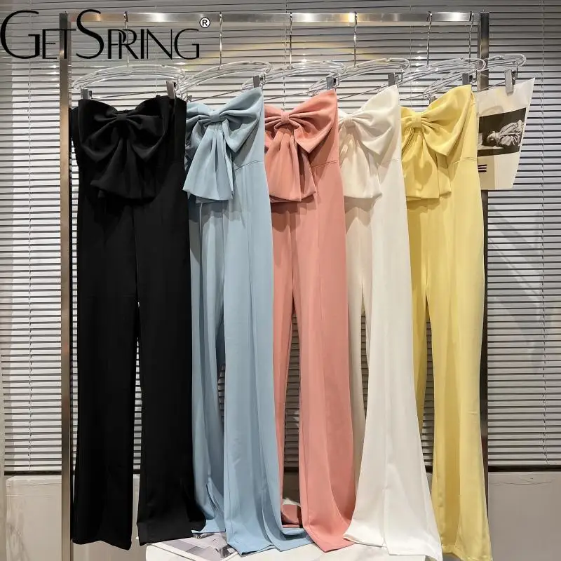 

GetSpring Women Jumpsuit 2022 Summer Bow Tie Bra Suspender Sleeveles Backless High Waist Wide Leg Long Rompers Womens Jumpsuit