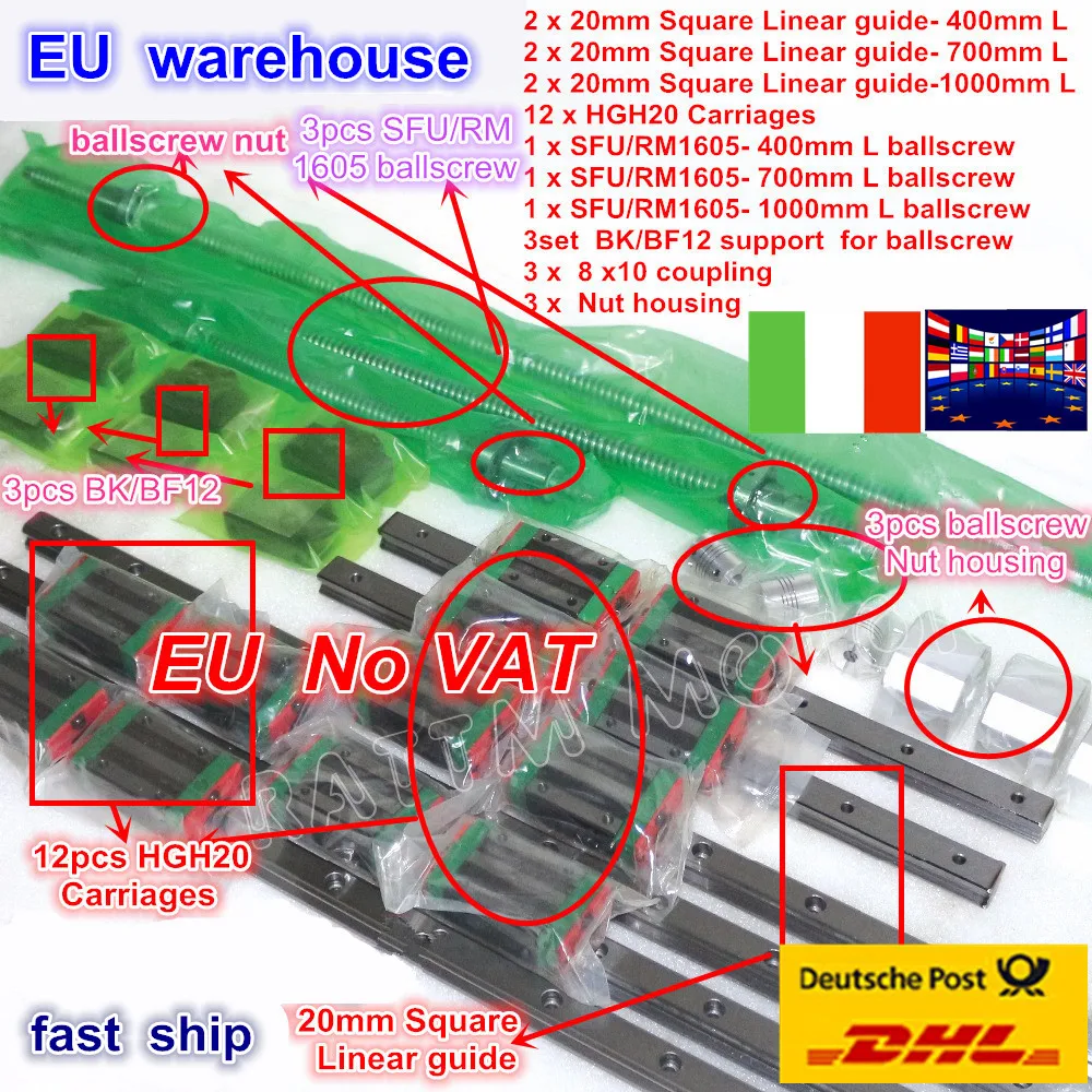 

DIY 3sets Square Linear Rails CNC kit L-400/700/1000mm & 3pcs Ballscrew 1605-400/700/1000mm with Nut & 3set BK/B12 & Coupling