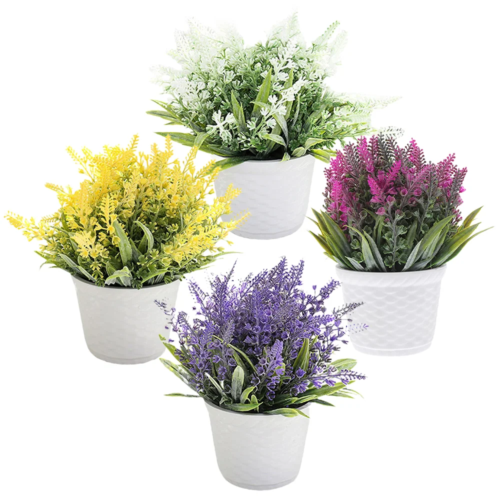 

4 Pcs Small Potted Plants Artificial for Home Decor Indoor Ornaments Fake Lavender Outdoor Decorate Faux