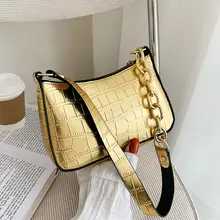 Bright Crocodile Pattern Womens Shoulder Bag Bold Metal Chain Shoulder Belt Luxury Womens Brand Bag Simple Fashion Womens Bag