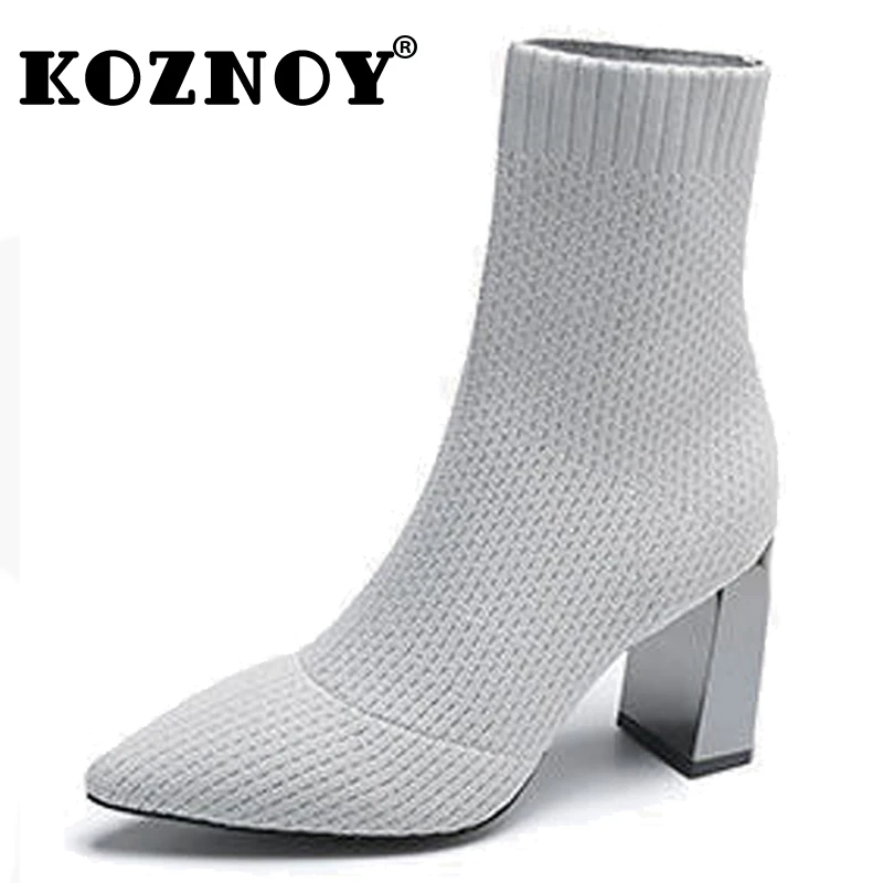 

Koznoy 8cm Knitted Weave British Autumn Stretch Fashion Sock Boots Woman Ankle Mid Calf Booties Elastic Spring Point Toe Shoes