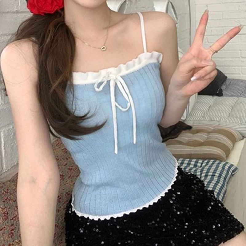 Y2K эстетичные трикотажные майки контрастных цветов на завязках кофта в Корейском