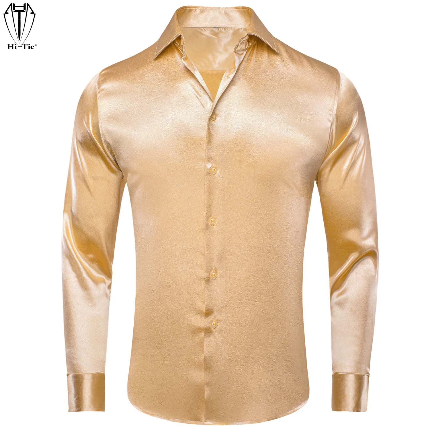 Hi-Tie Formal Plain Silk Mens Champagne Shirts Long Sleeve Pure Solid Satin yellow Suit Dress Shirt Casual Male Wedding Office