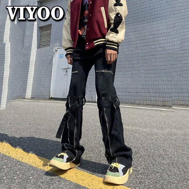 

Брюки-карго мужские черные в готическом стиле, джинсовые брюки-клеш с широкими штанинами, багги в стиле Харадзюку, одежда для улицы, Y2K