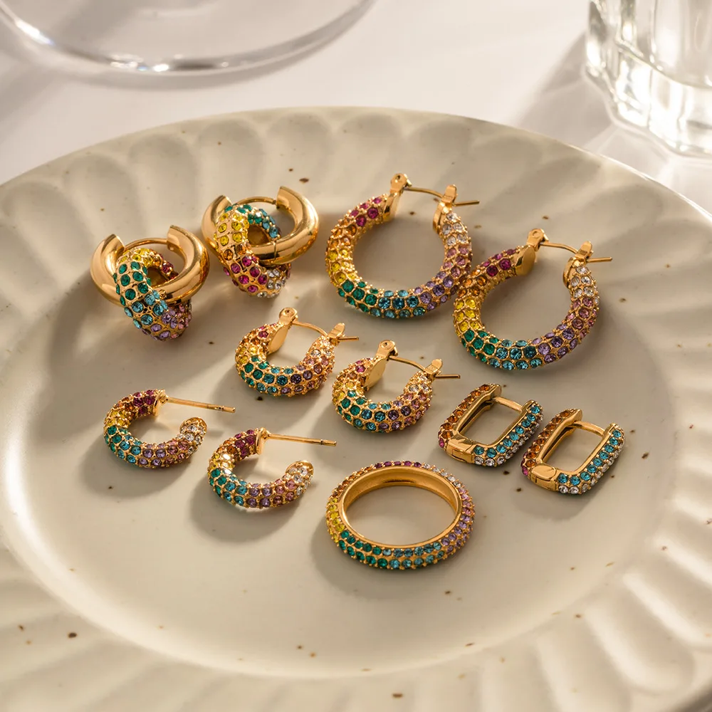 Stainless Steel PVD 18K Gold Plated Tarnish Colorful Crystal U Shape Twist Hoop Earrings For Woman Jewelry Wholesale 2023 Trendy