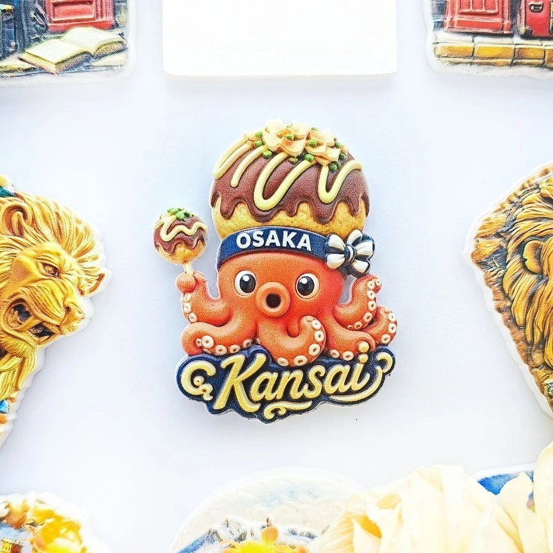 Фото Магнит на холодильник «Кансай Такояки» с мультяшным дизайном - Забавный 3D-сувенир в виде японской еды, уникальный подарок из Осаки для путешествий и веселого декора кухни. №3